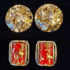 Set of 2 Mid-Century Modern Gold Confetti & Lucite Clip-On Earrings